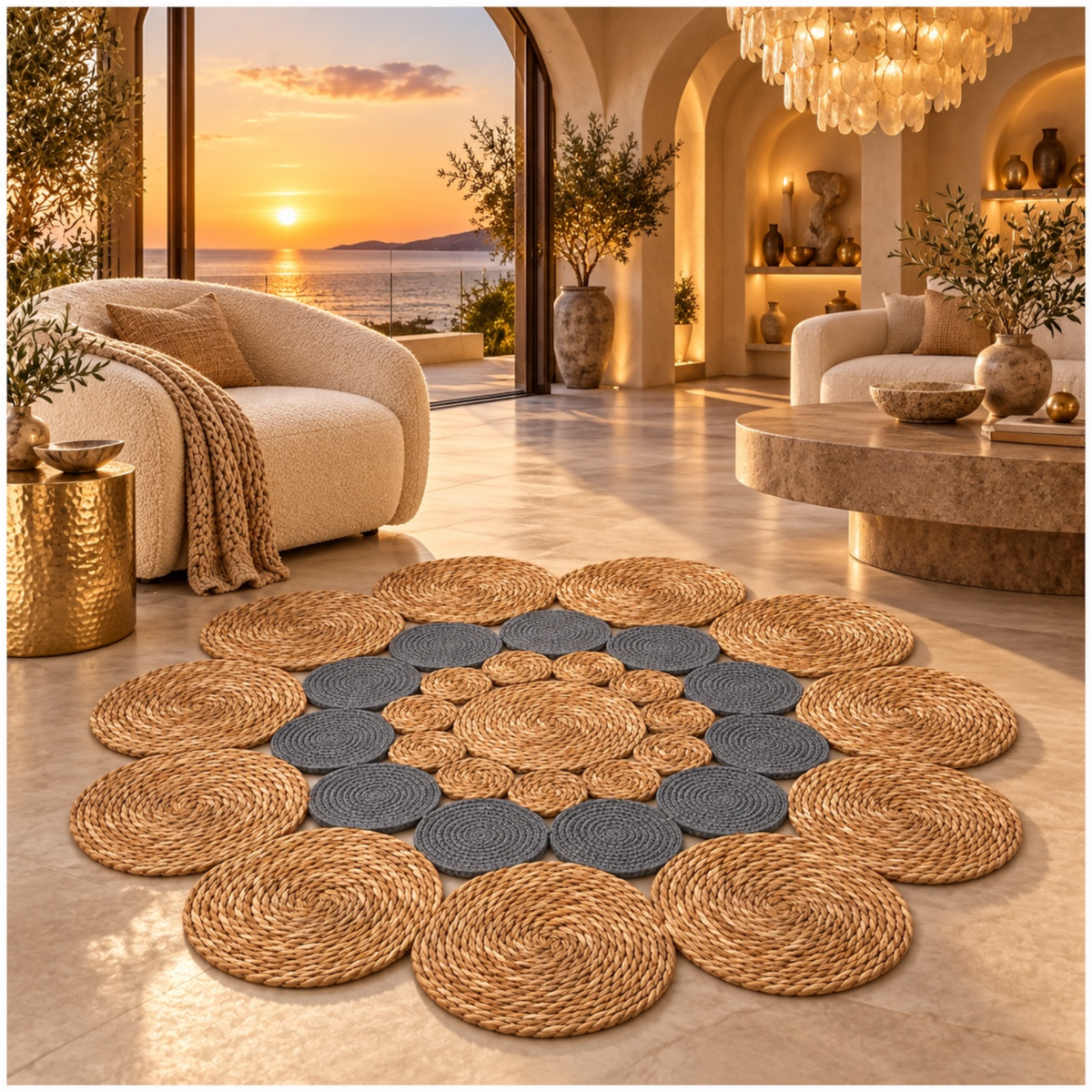 Round Braided Look Decorative Floor Mat – Natural Brown and Grey – 120cm