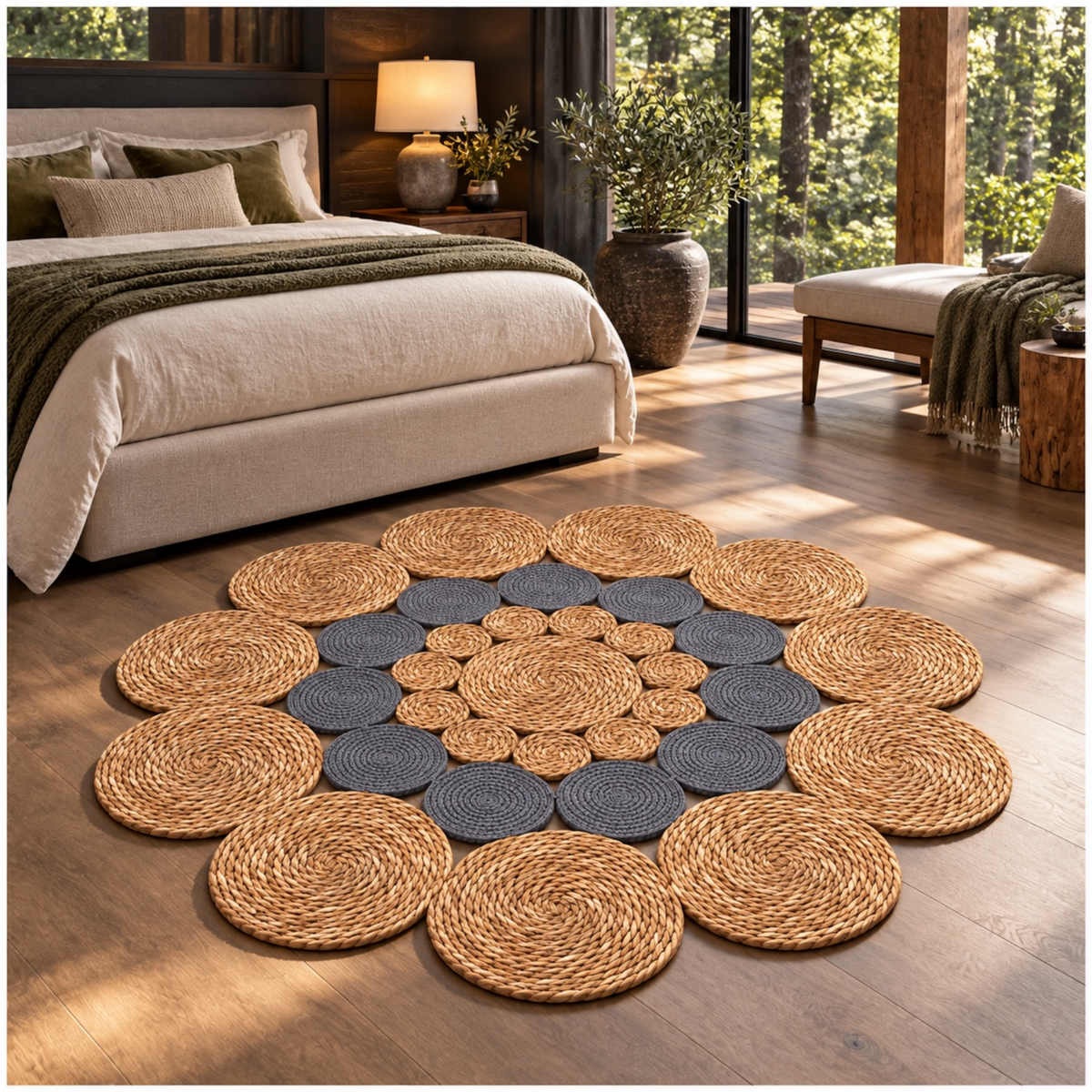 Round Braided Look Decorative Floor Mat – Natural Brown and Grey – 120cm