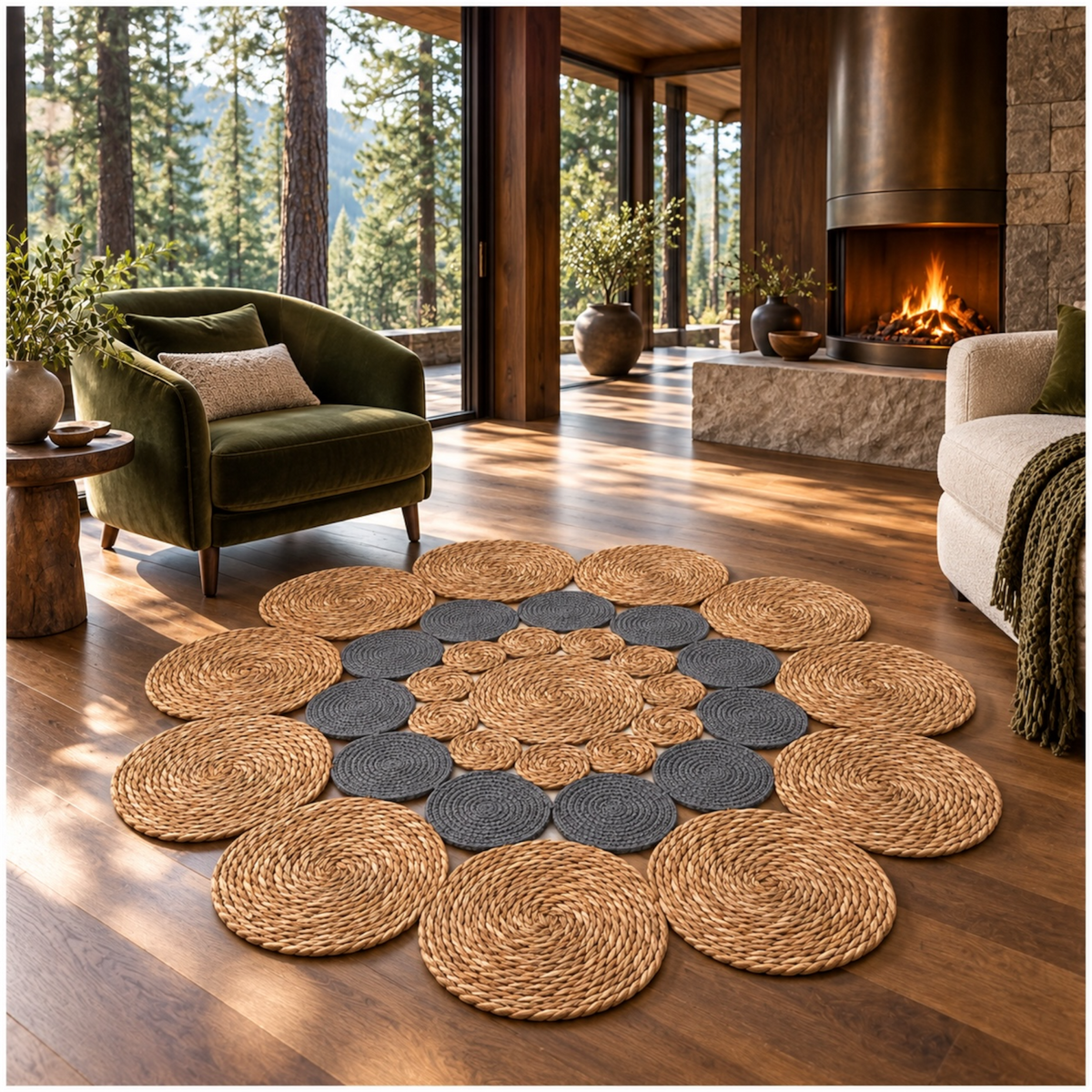 Round Braided Look Decorative Floor Mat – Natural Brown and Grey – 120cm