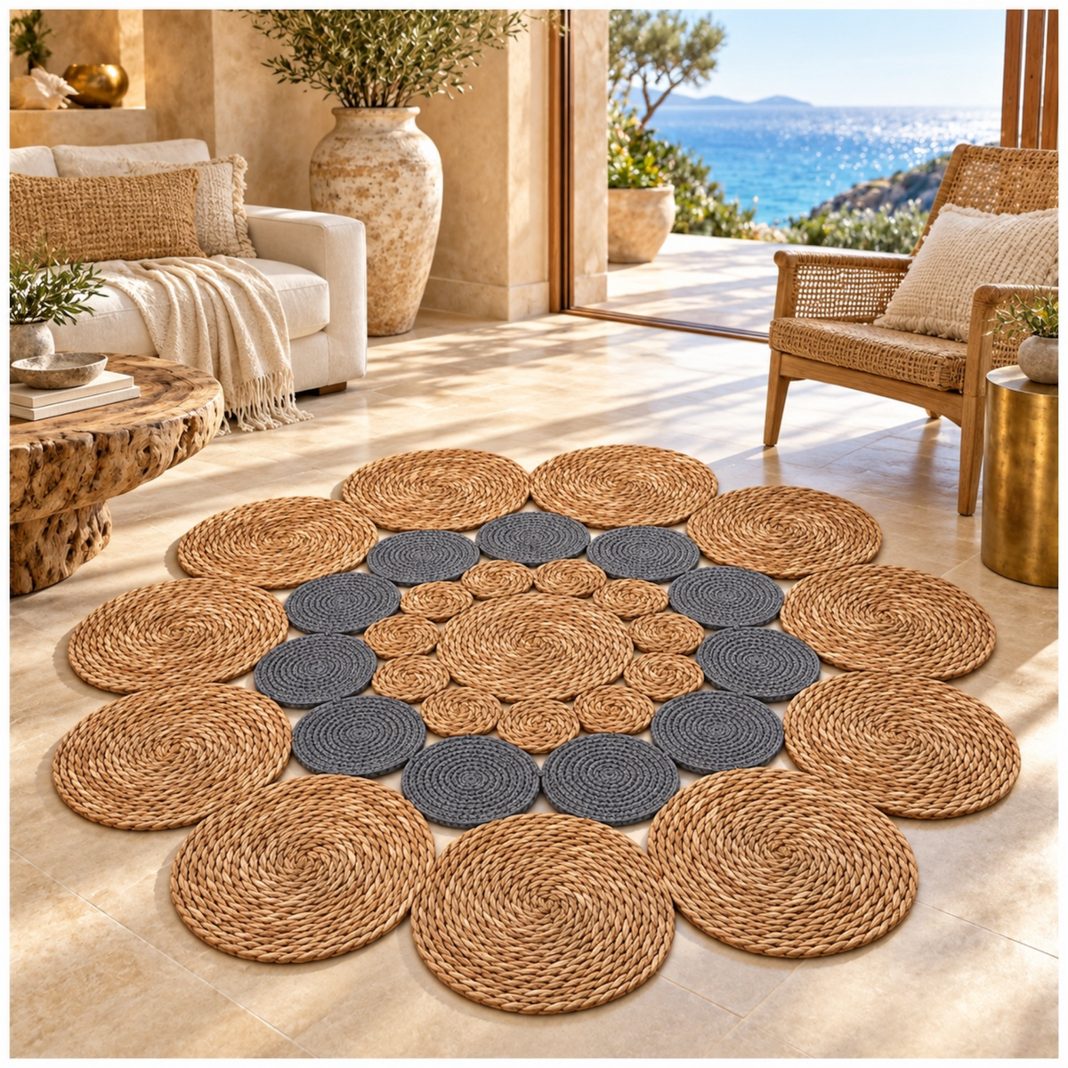 Round Braided Look Decorative Floor Mat – Natural Brown and Grey – 120cm
