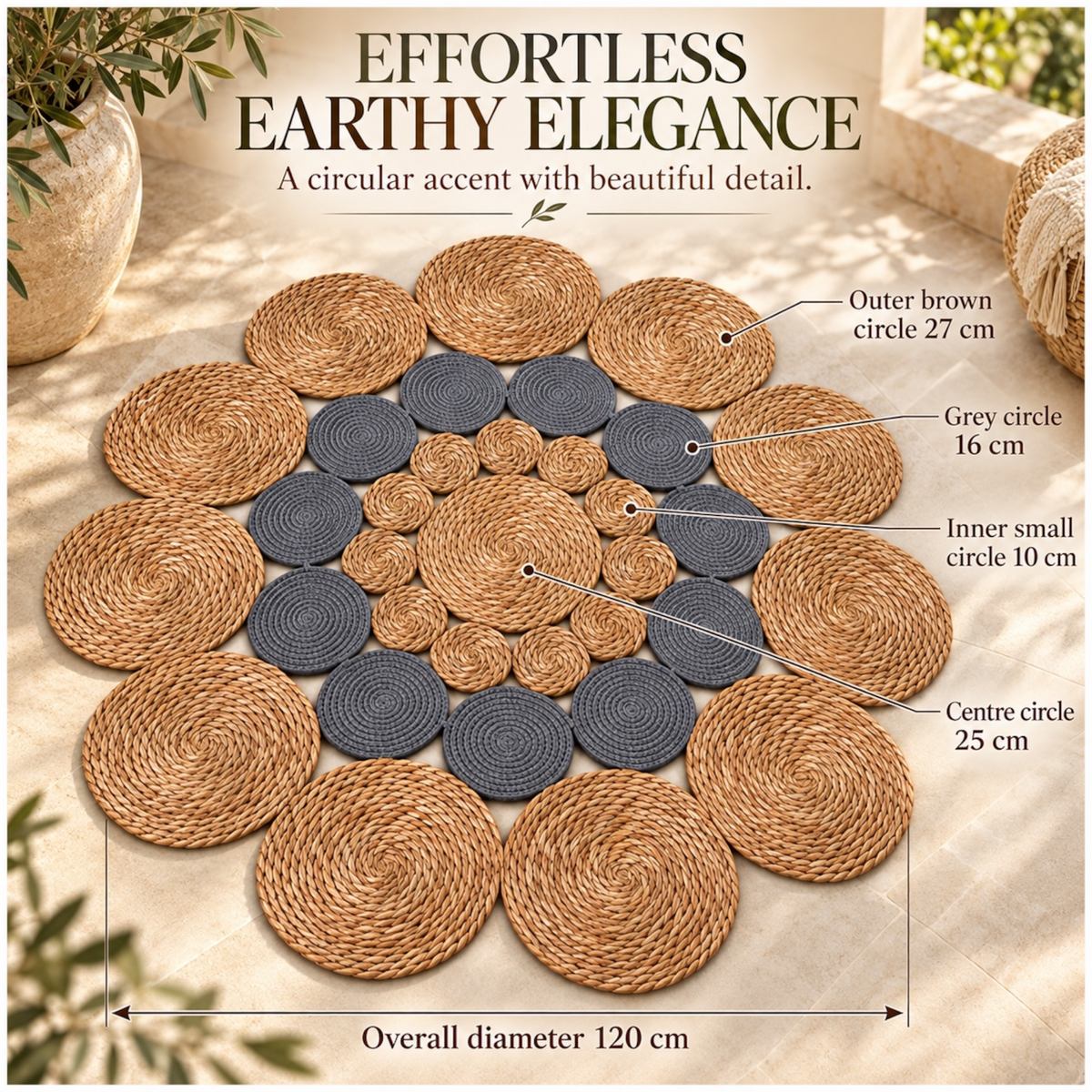 Round Braided Look Decorative Floor Mat – Natural Brown and Grey – 120cm