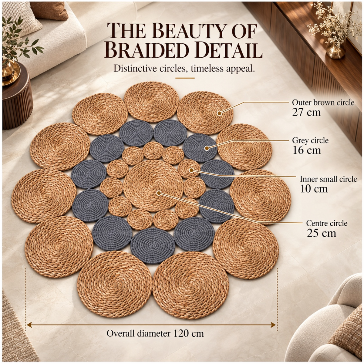 Round Braided Look Decorative Floor Mat – Natural Brown and Grey – 120cm