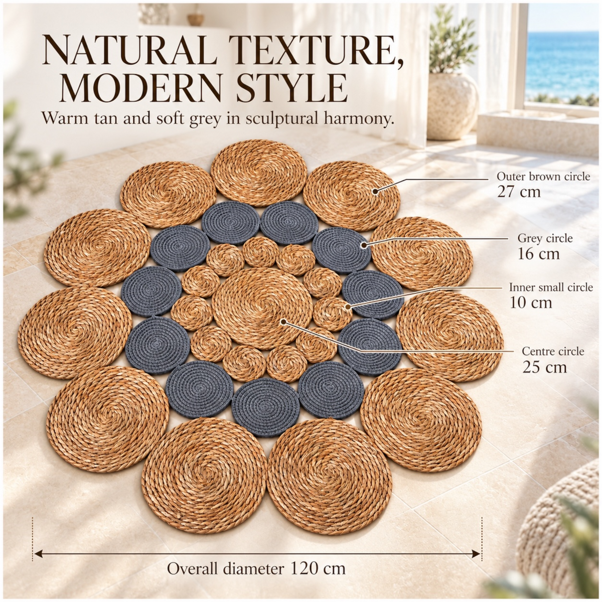 Round Braided Look Decorative Floor Mat – Natural Brown and Grey – 120cm