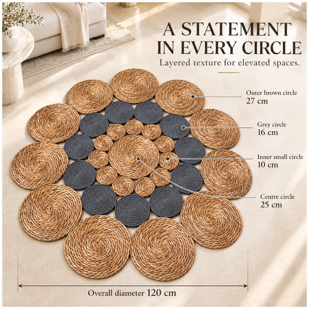 Round Braided Look Decorative Floor Mat – Natural Brown and Grey – 120cm