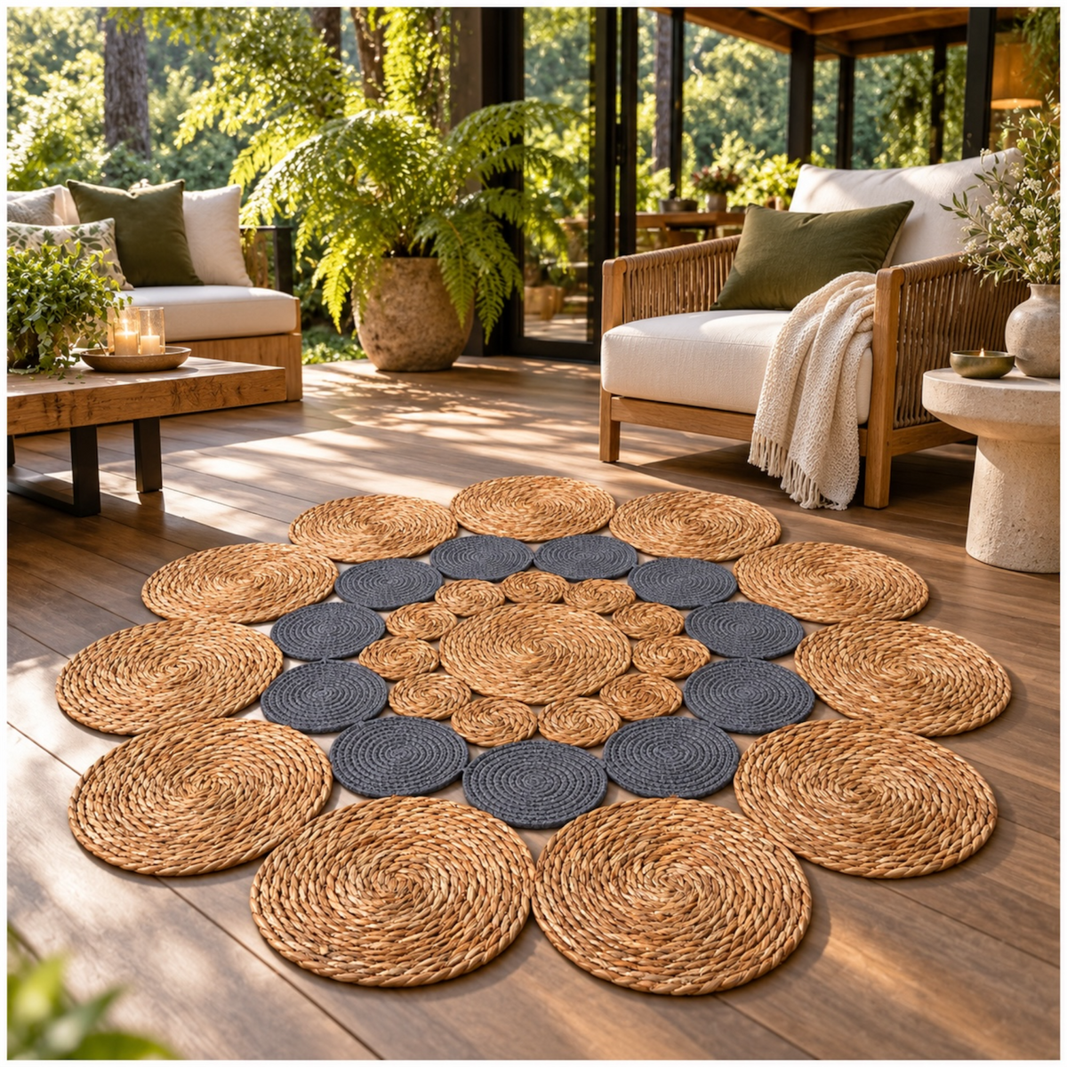Round Braided Look Decorative Floor Mat – Natural Brown and Grey – 120cm