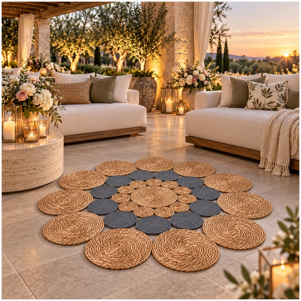 Round Braided Look Decorative Floor Mat – Natural Brown and Grey – 120cm