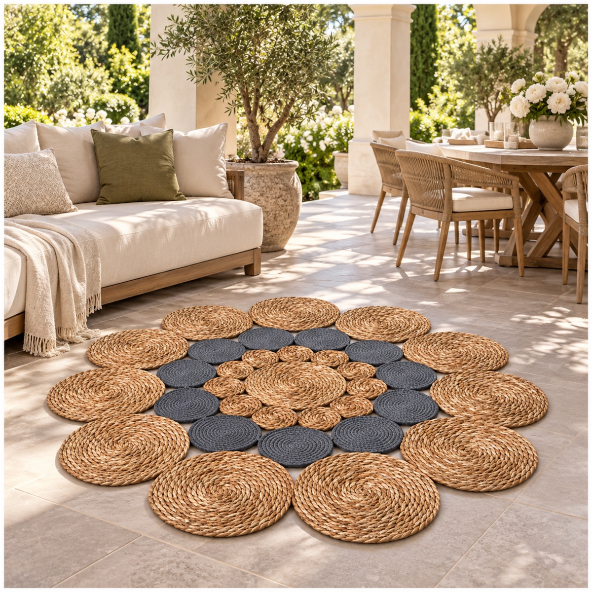 Round Braided Look Decorative Floor Mat – Natural Brown and Grey – 120cm