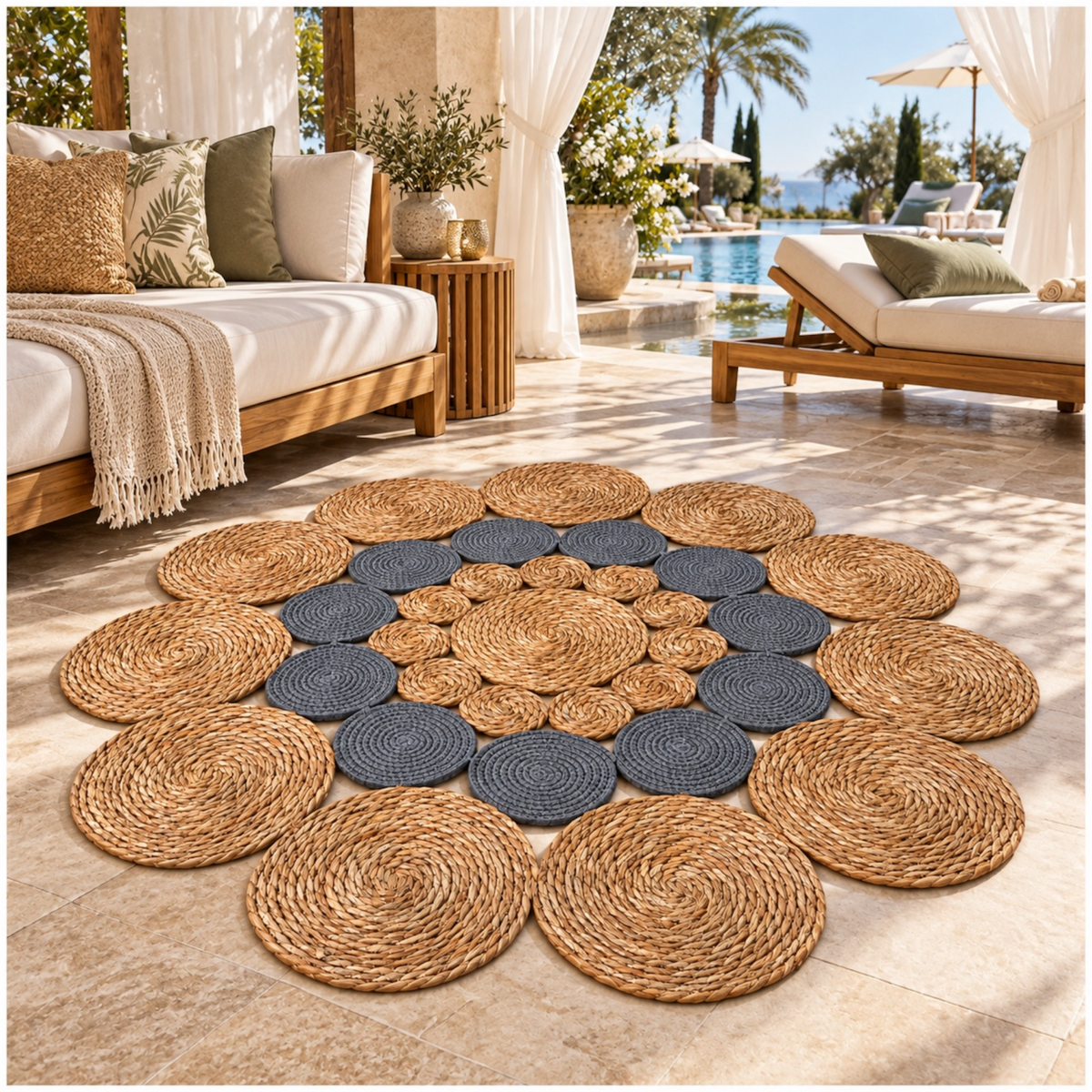 Round Braided Look Decorative Floor Mat – Natural Brown and Grey – 120cm