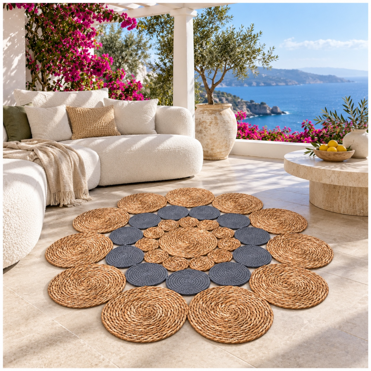 Round Braided Look Decorative Floor Mat – Natural Brown and Grey – 120cm