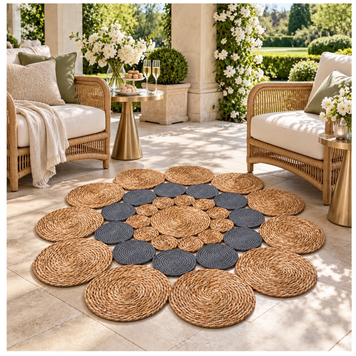 Round Braided Look Decorative Floor Mat – Natural Brown and Grey – 120cm