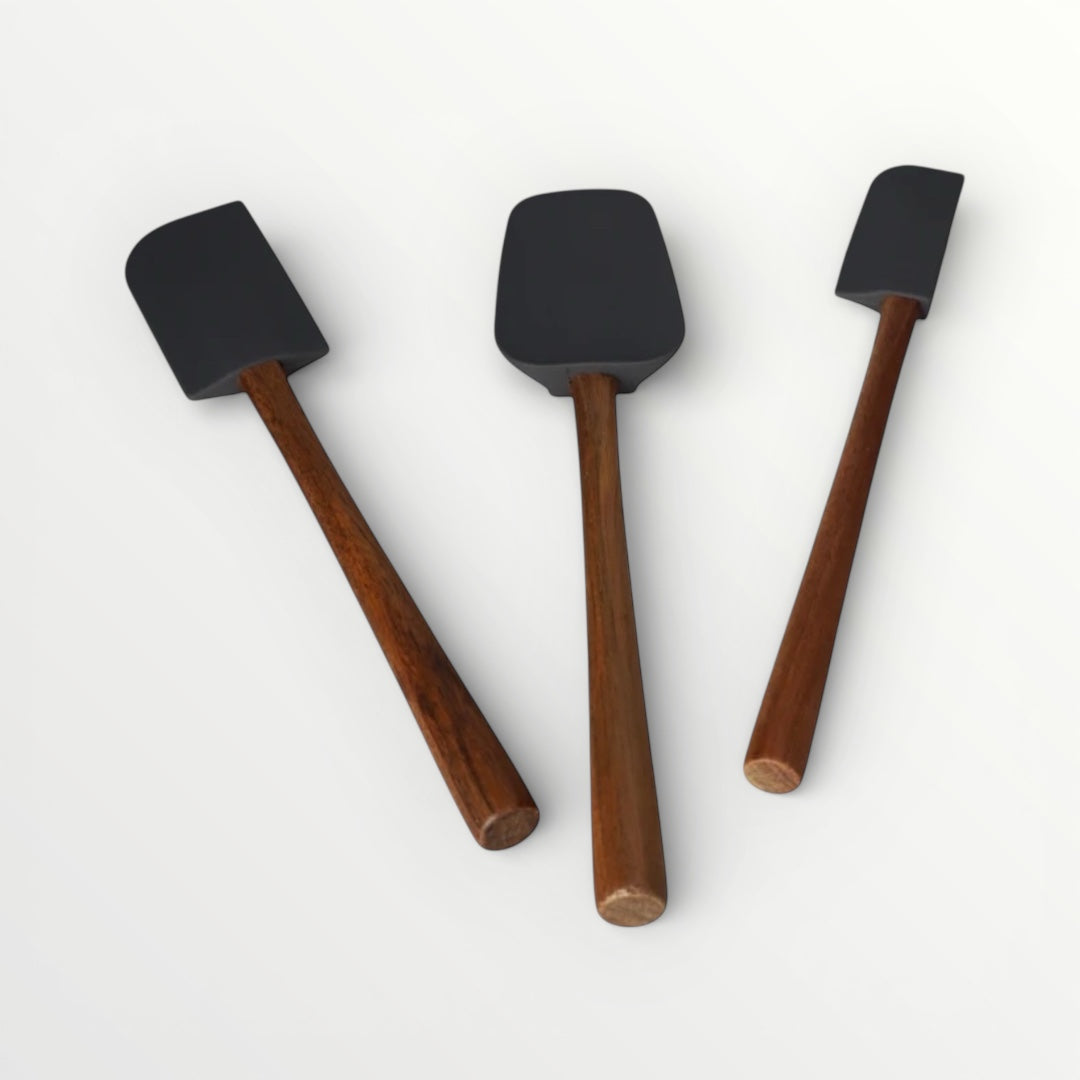 Essential 3 Piece Food Grade Silicone Baking Tool Set With Wooden Handles