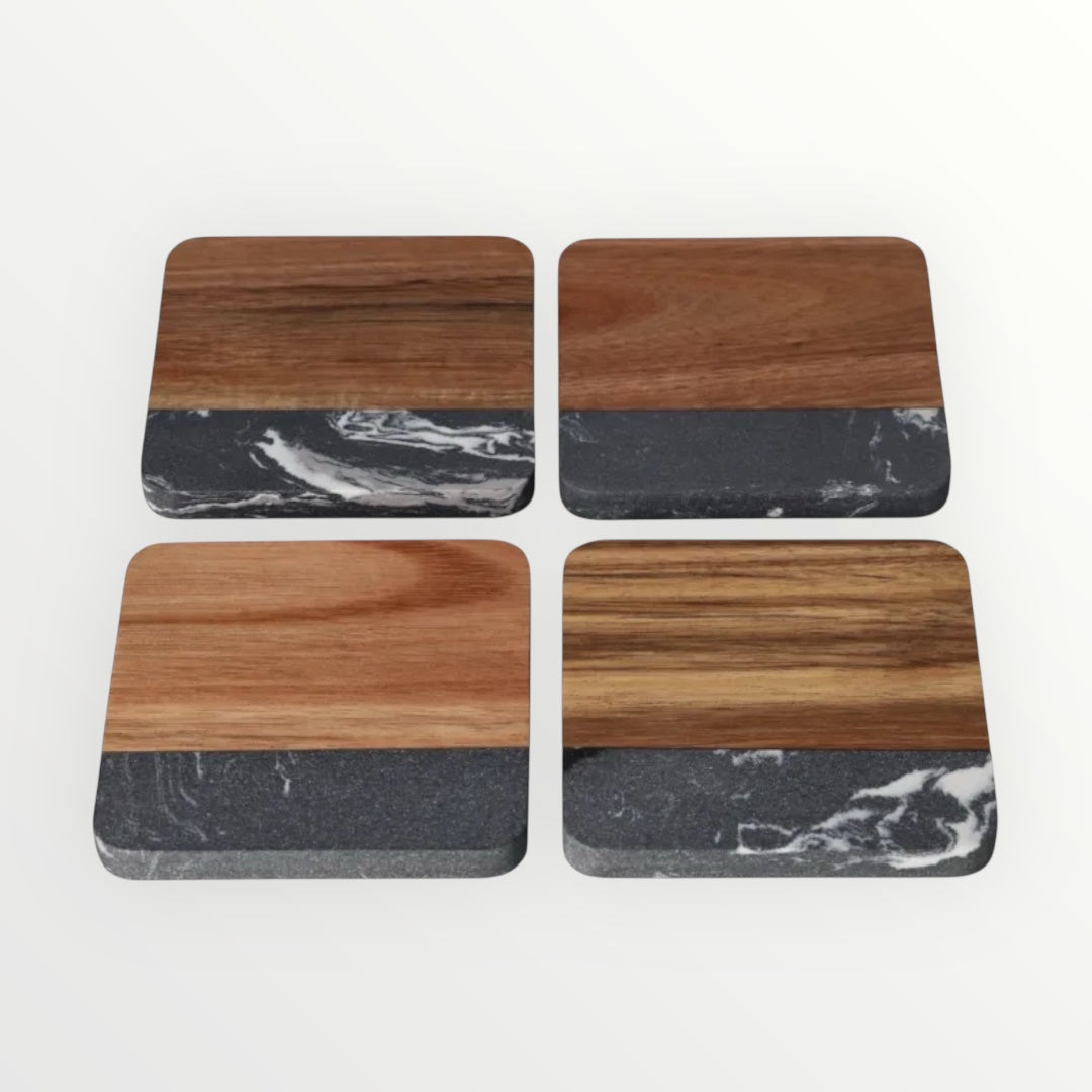 Elegant Marble and Acacia Wood Coasters - Set of 4 -Square Anti Slip Design