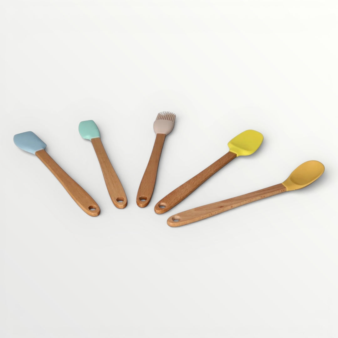5-Piece Mini Silicone Baking Spatula Set with Bamboo Handles – Pastel Colour
