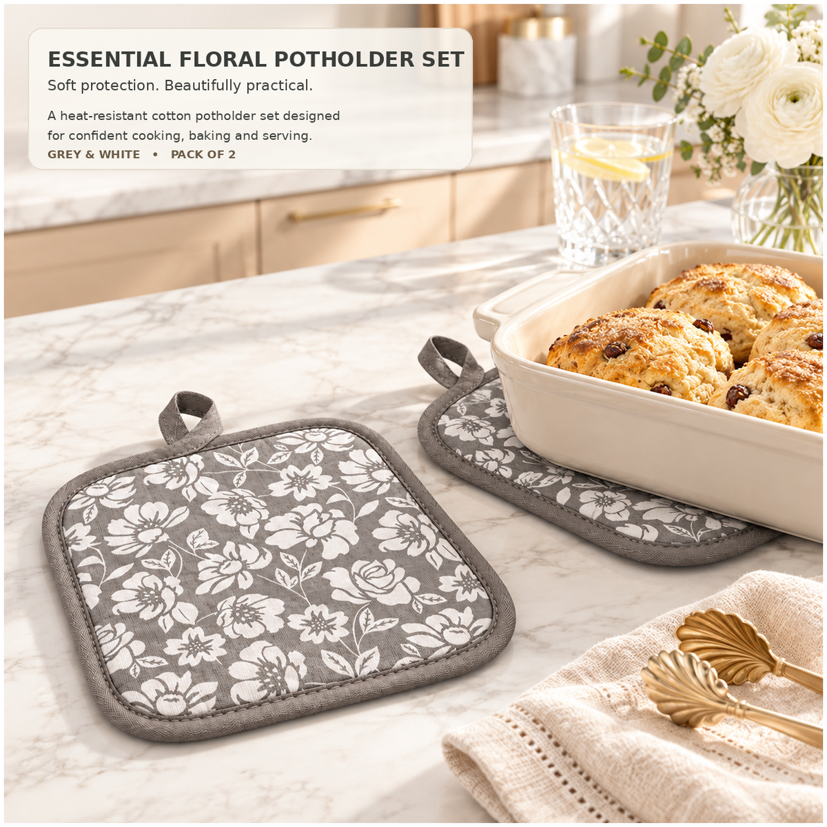 Essential Heat-Resistant Cotton Potholder Set of 2 – Grey and White - 20 cm
