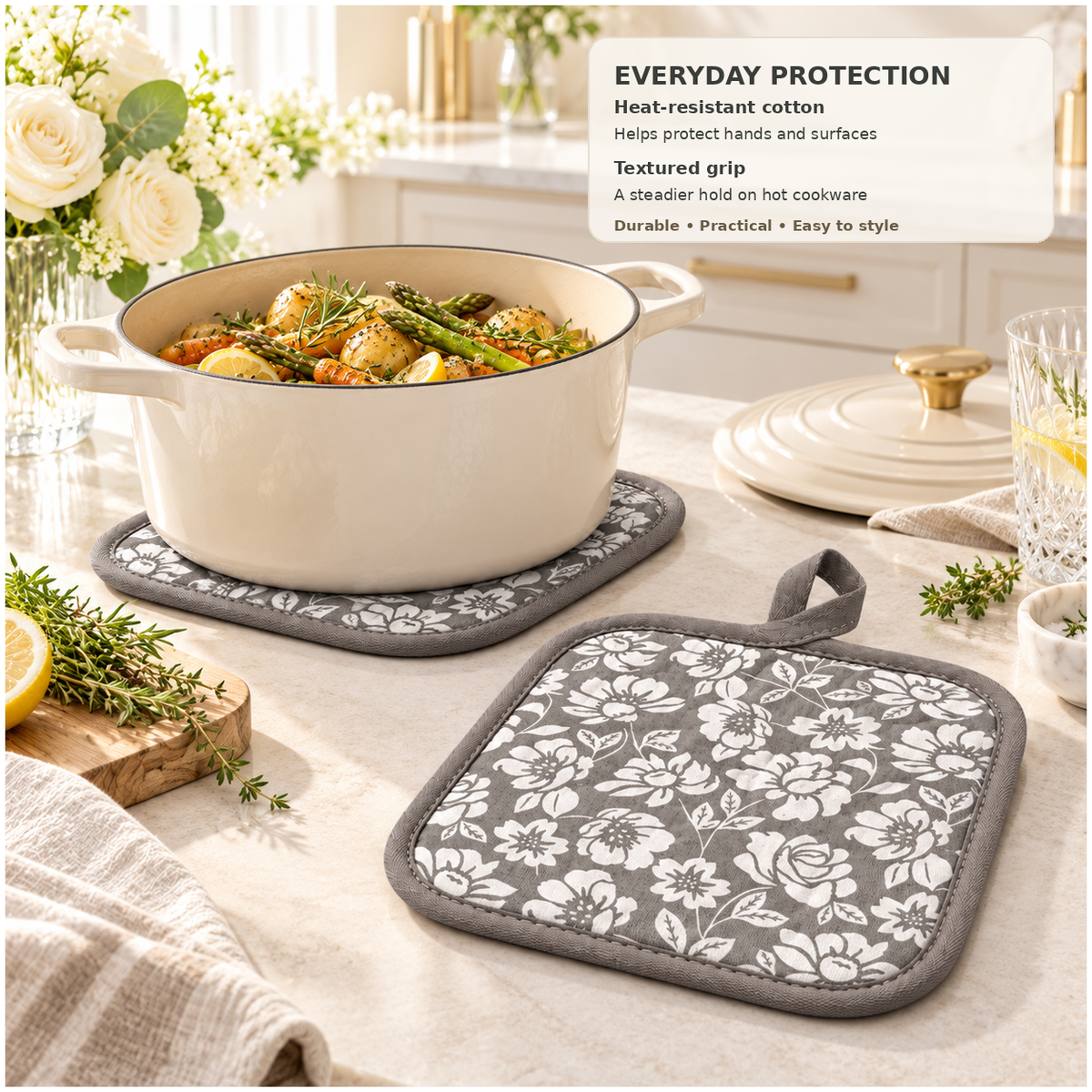 Essential Heat-Resistant Cotton Potholder Set of 2 – Grey and White - 20 cm