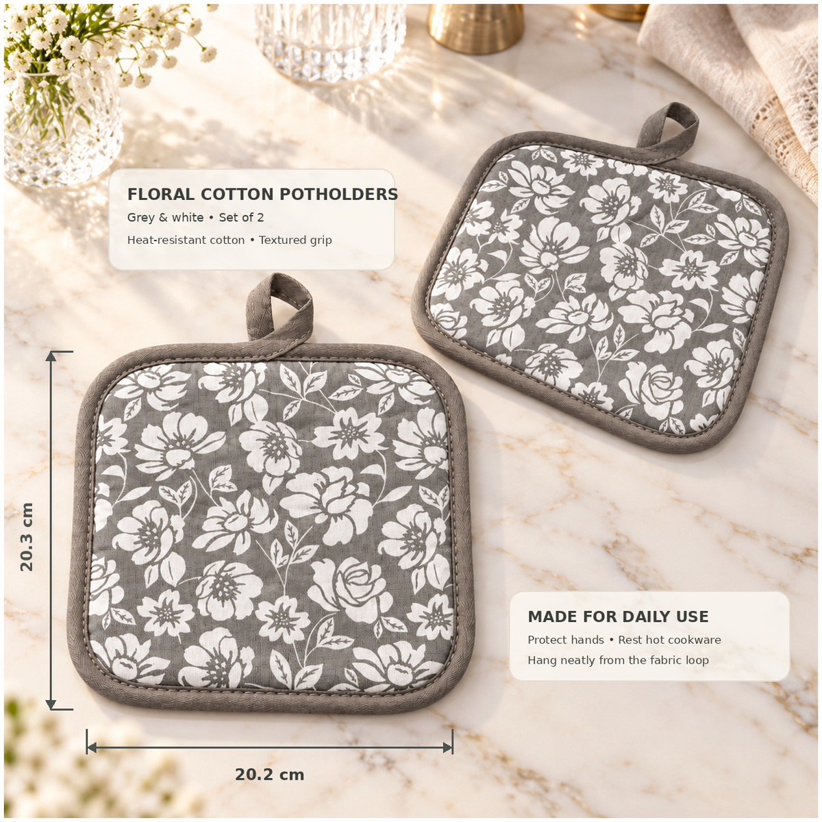 Essential Heat-Resistant Cotton Potholder Set of 2 – Grey and White - 20 cm