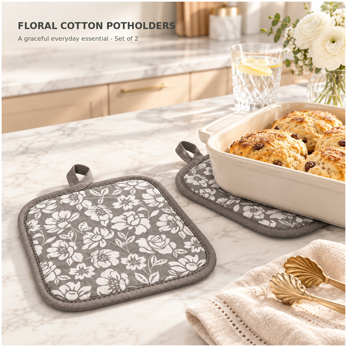 Essential Heat-Resistant Cotton Potholder Set of 2 – Grey and White - 20 cm