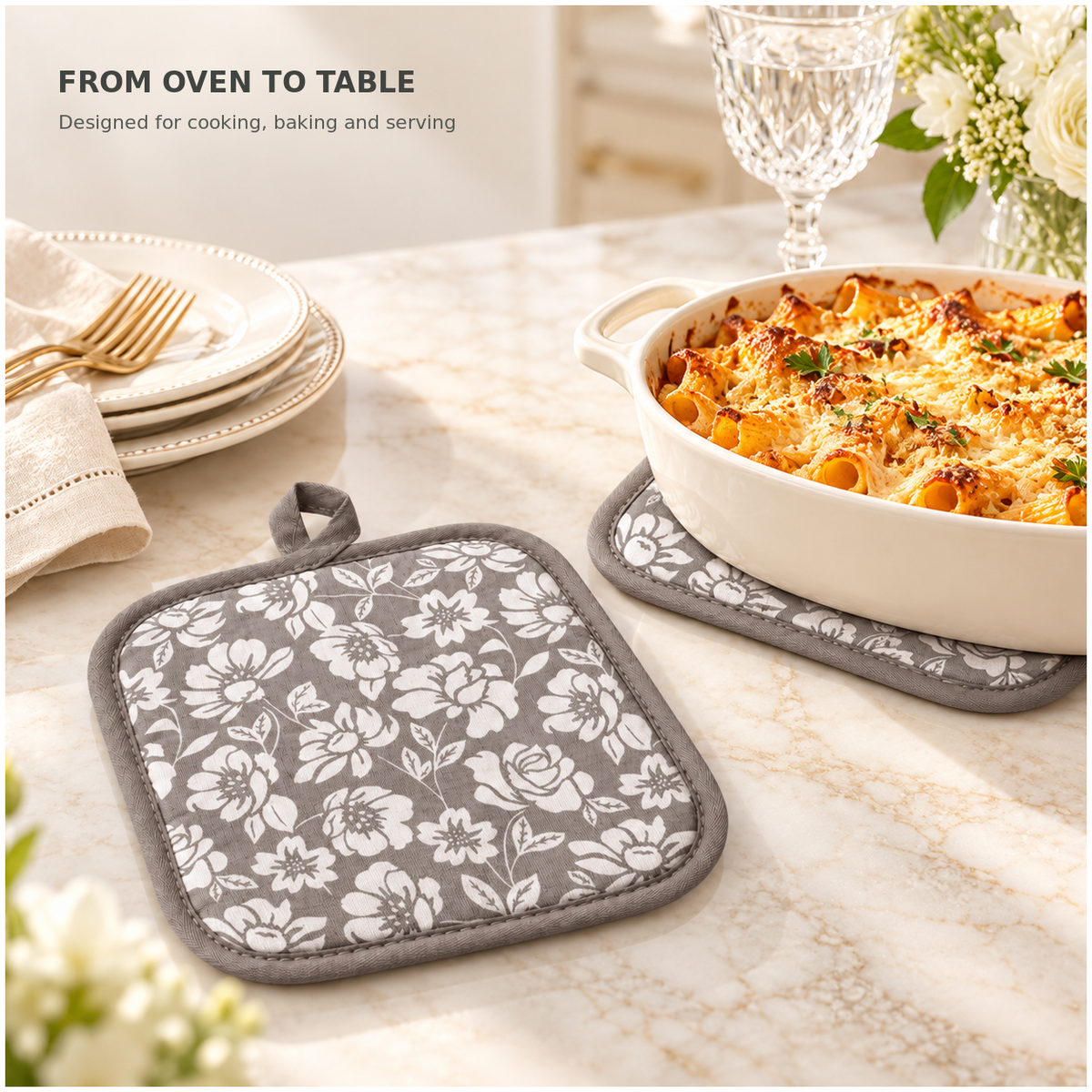 Essential Heat-Resistant Cotton Potholder Set of 2 – Grey and White - 20 cm