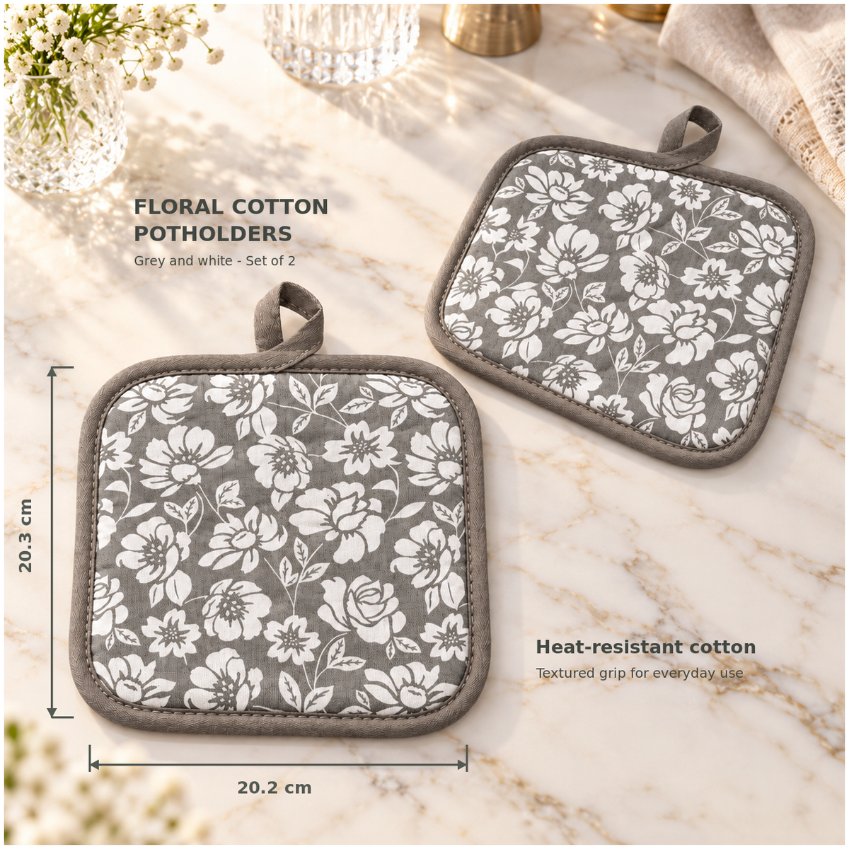 Essential Heat-Resistant Cotton Potholder Set of 2 – Grey and White - 20 cm