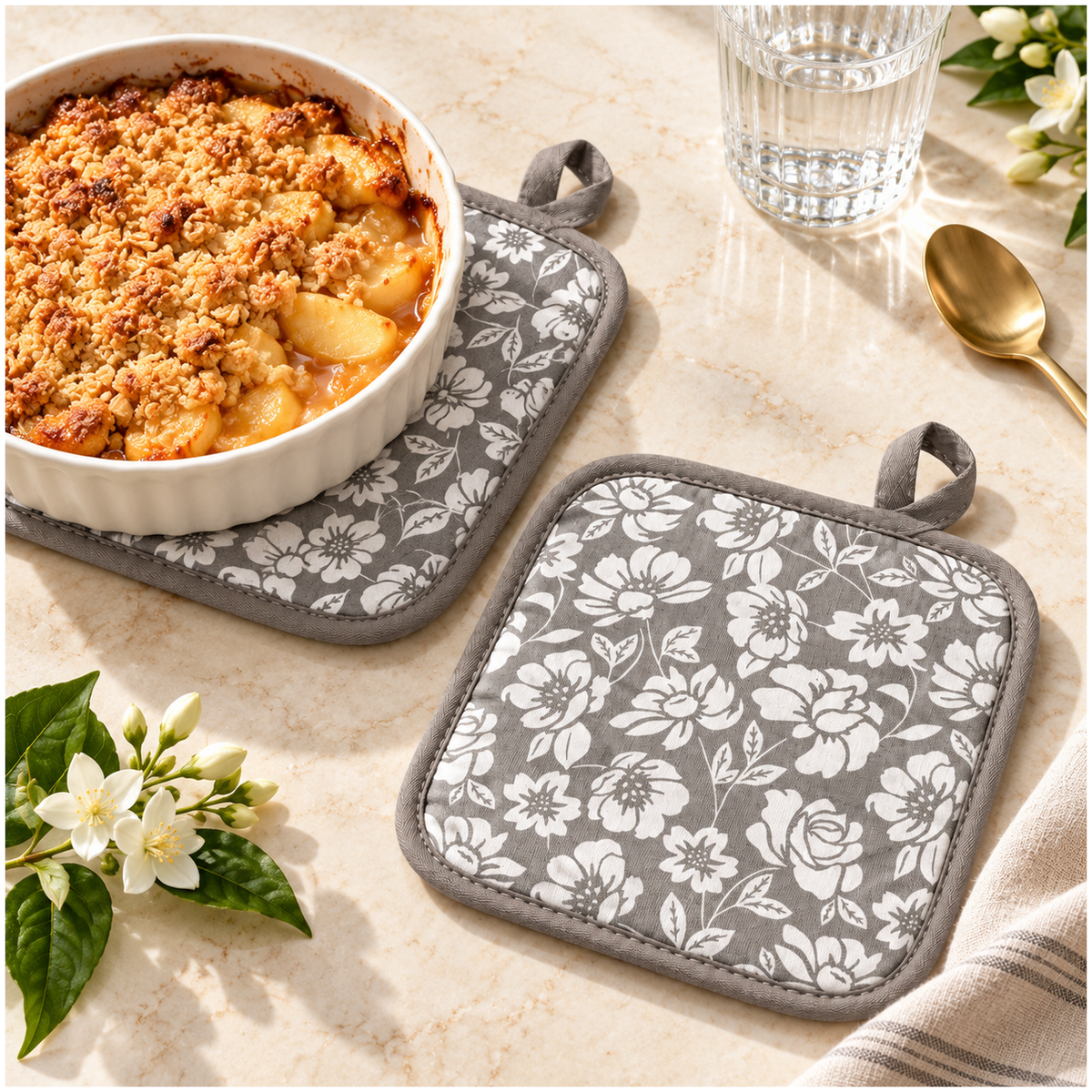 Essential Heat-Resistant Cotton Potholder Set of 2 – Grey and White - 20 cm