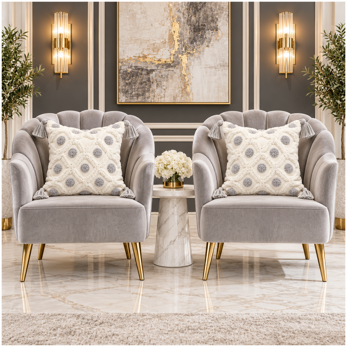 Set of 2 Cream and Grey Woven-Look Tassel Scatter Cushion Covers-45 x 45 cm
