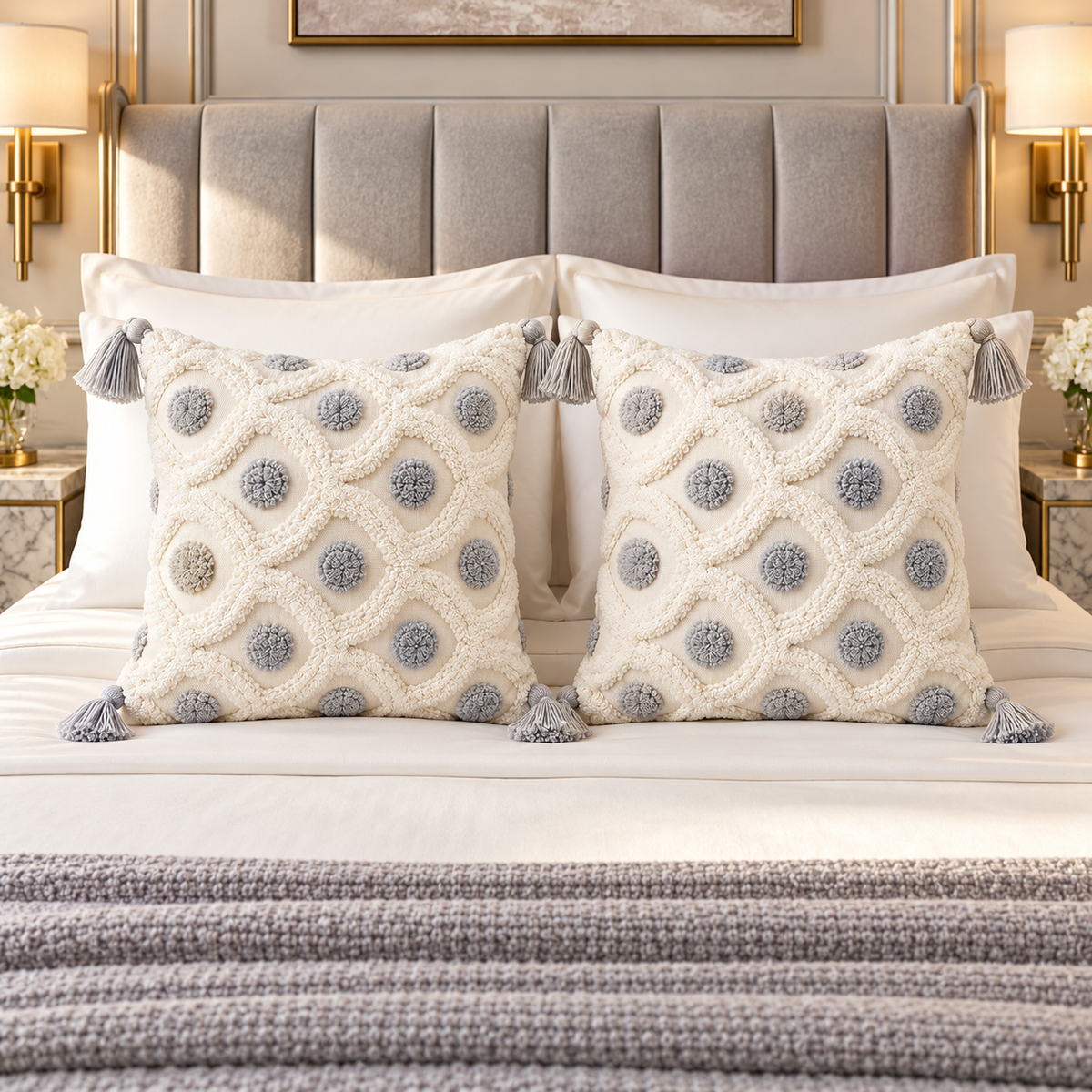 Set of 2 Cream and Grey Woven-Look Tassel Scatter Cushion Covers-45 x 45 cm