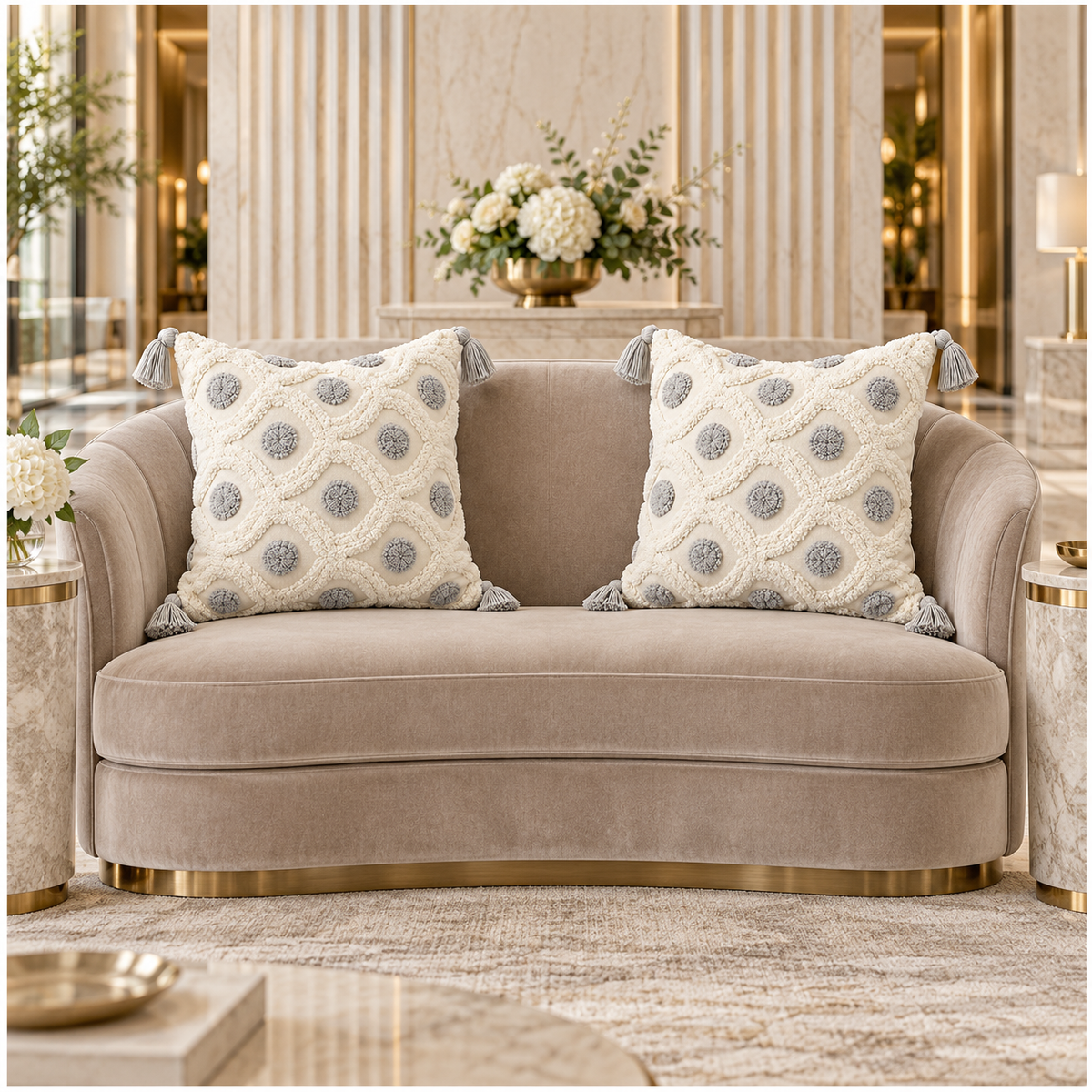 Set of 2 Cream and Grey Woven-Look Tassel Scatter Cushion Covers-45 x 45 cm