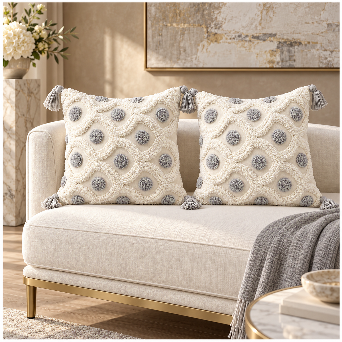 Set of 2 Cream and Grey Woven-Look Tassel Scatter Cushion Covers-45 x 45 cm