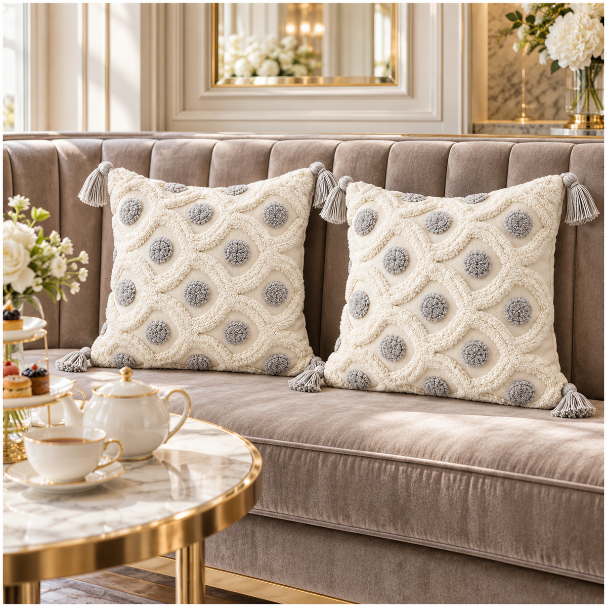 Set of 2 Cream and Grey Woven-Look Tassel Scatter Cushion Covers-45 x 45 cm