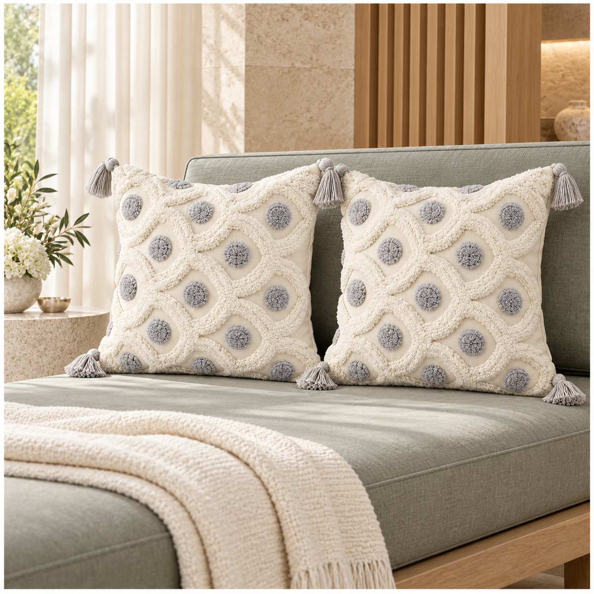 Set of 2 Cream and Grey Woven-Look Tassel Scatter Cushion Covers-45 x 45 cm