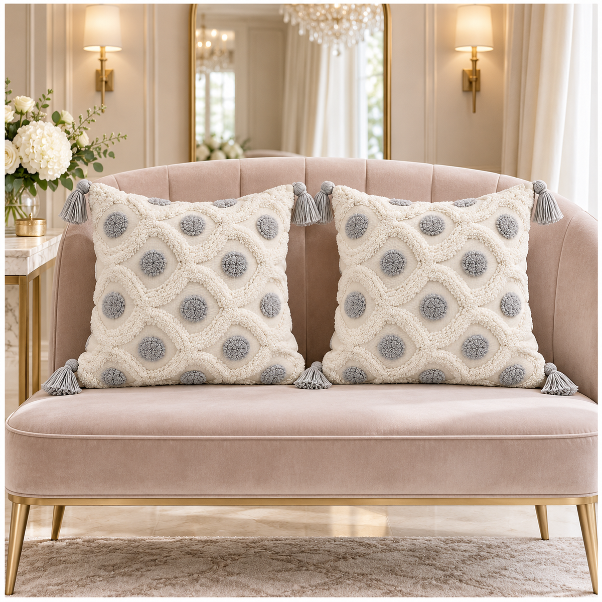 Set of 2 Cream and Grey Woven-Look Tassel Scatter Cushion Covers-45 x 45 cm