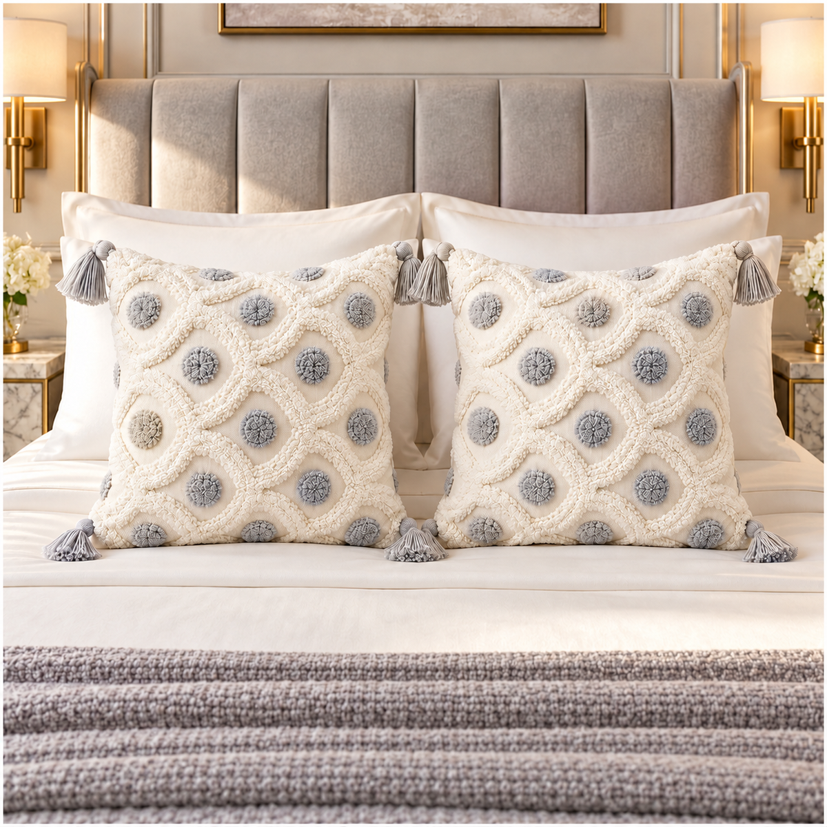 Set of 2 Cream and Grey Woven-Look Tassel Scatter Cushion Covers-45 x 45 cm
