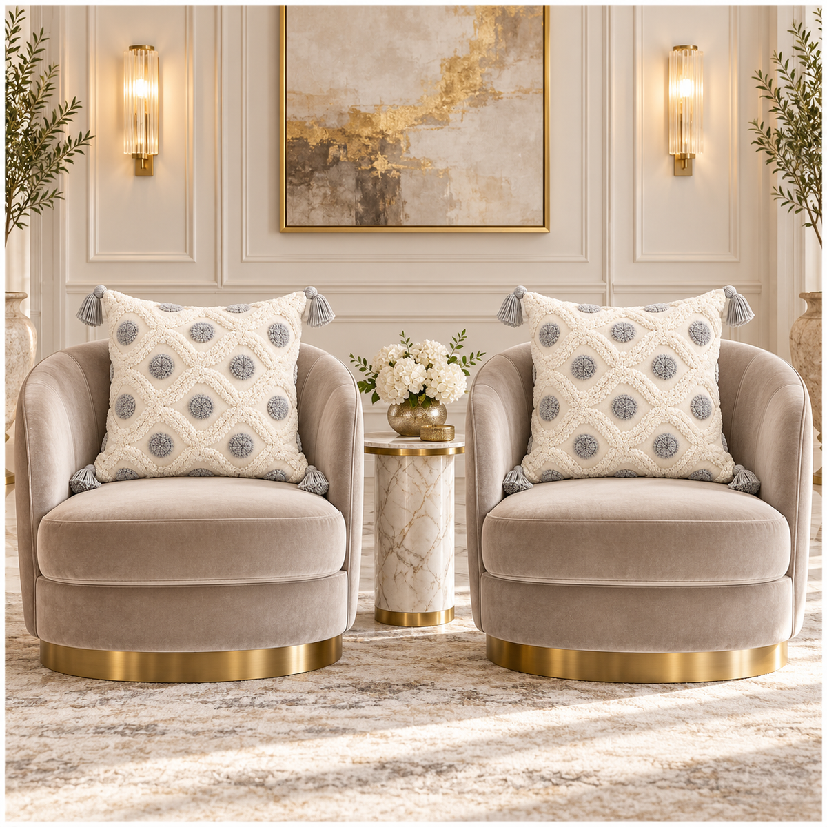 Set of 2 Cream and Grey Woven-Look Tassel Scatter Cushion Covers-45 x 45 cm