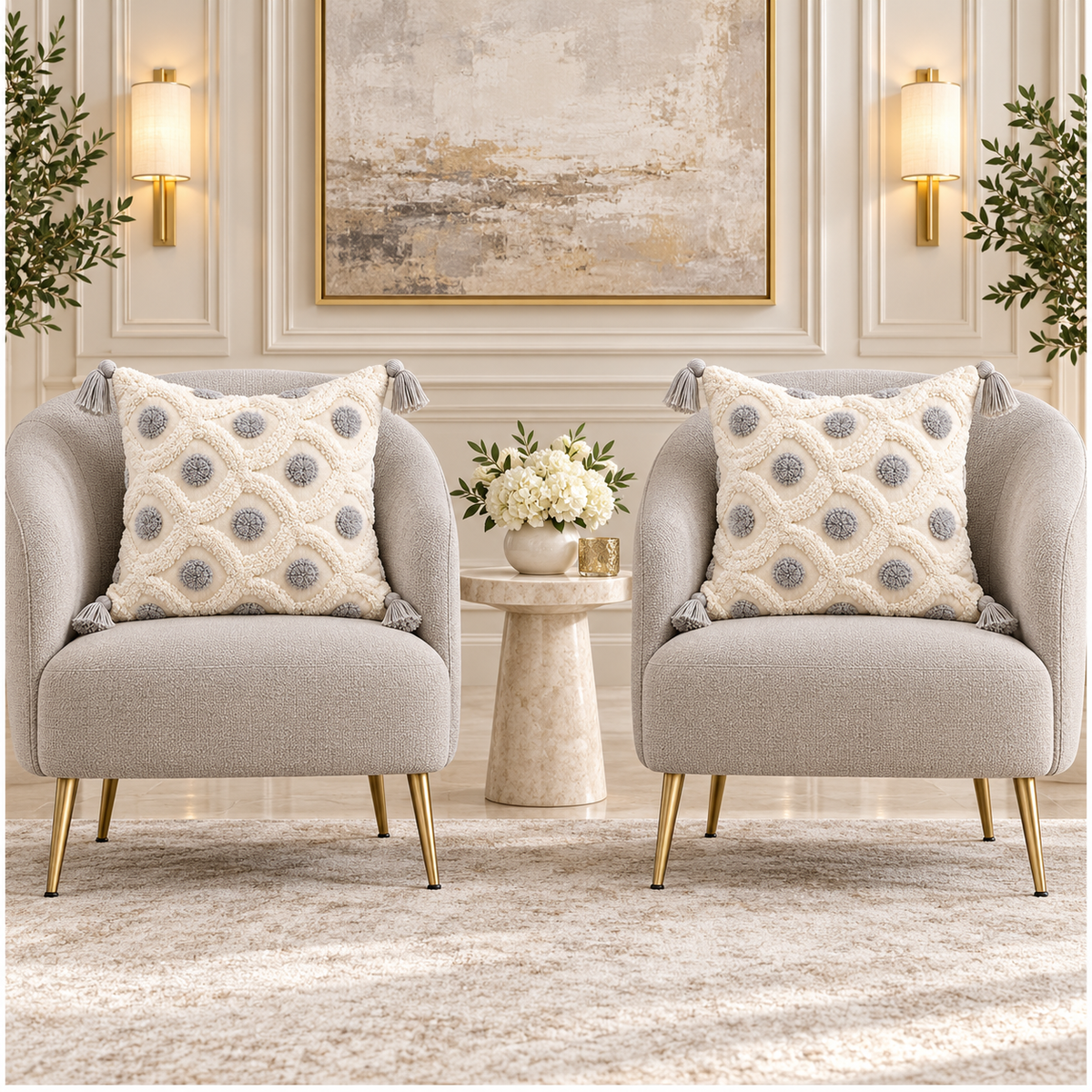 Set of 2 Cream and Grey Woven-Look Tassel Scatter Cushion Covers-45 x 45 cm