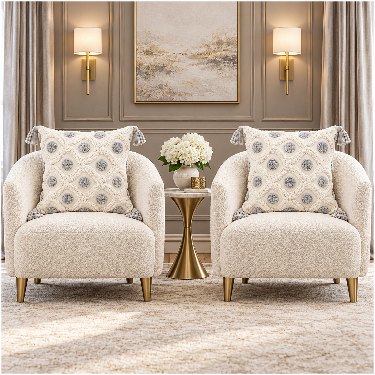 Set of 2 Cream and Grey Woven-Look Tassel Scatter Cushion Covers-45 x 45 cm