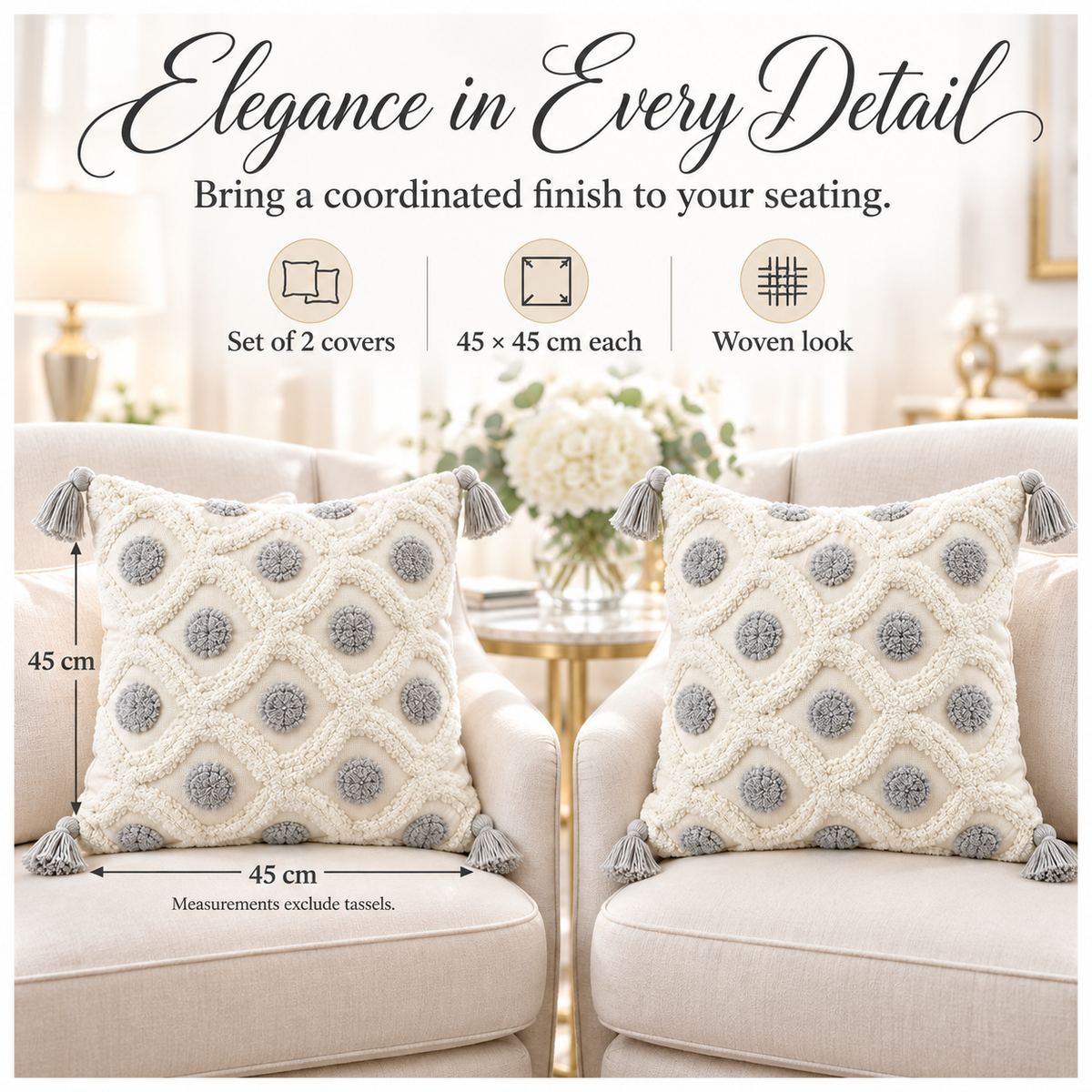 Set of 2 Cream and Grey Woven-Look Tassel Scatter Cushion Covers-45 x 45 cm