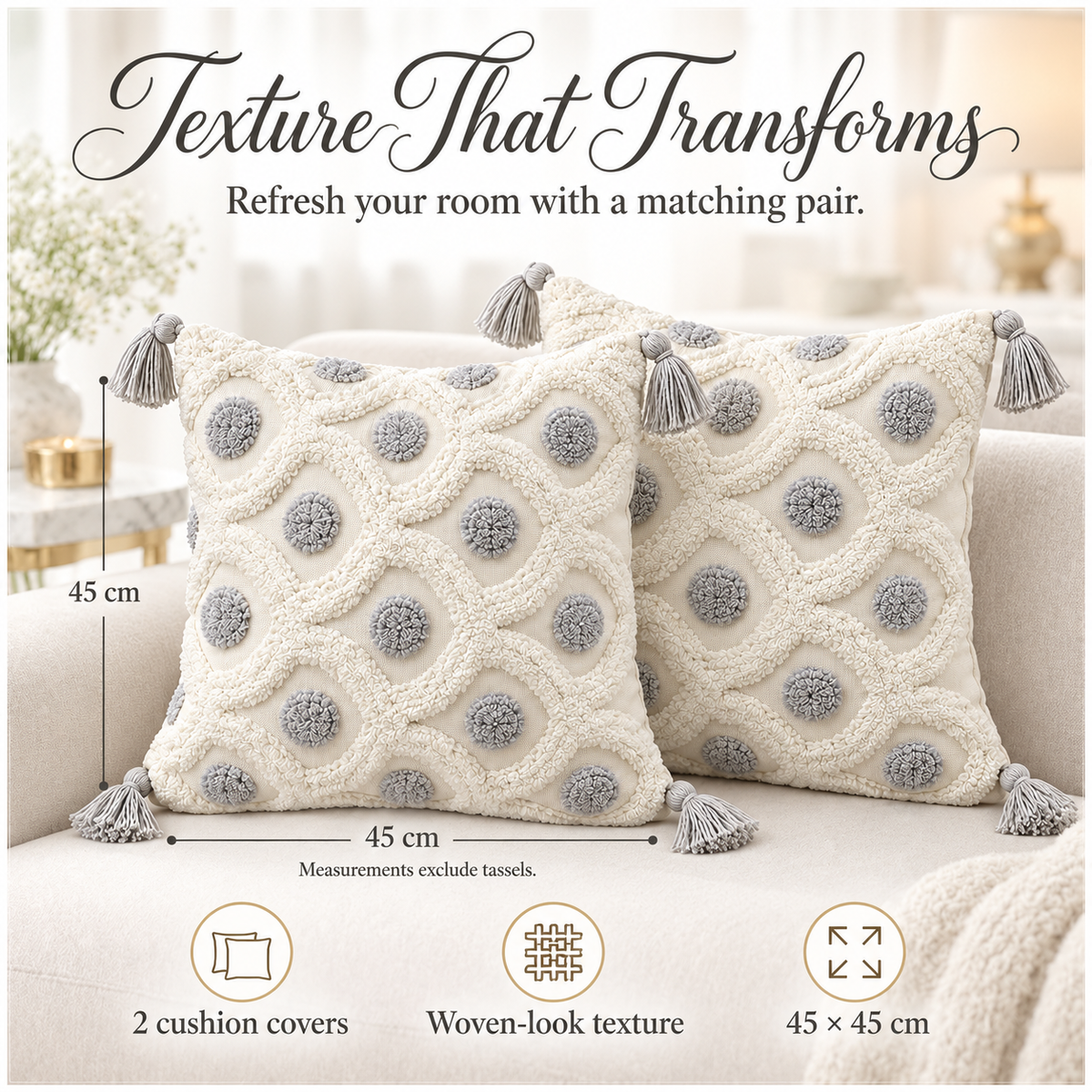 Set of 2 Cream and Grey Woven-Look Tassel Scatter Cushion Covers-45 x 45 cm