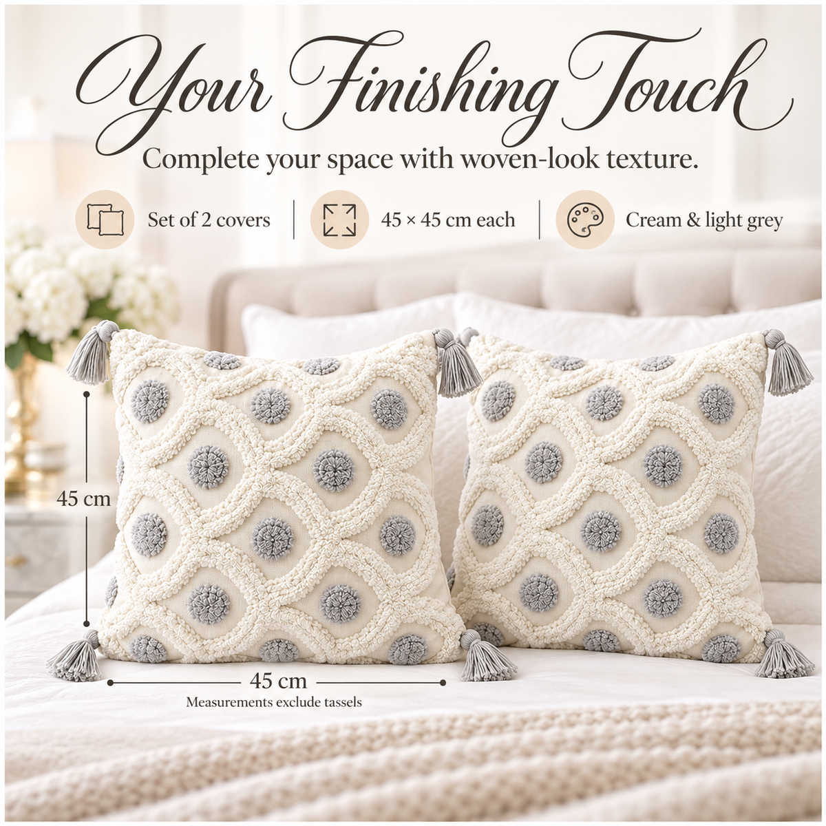 Set of 2 Cream and Grey Woven-Look Tassel Scatter Cushion Covers-45 x 45 cm