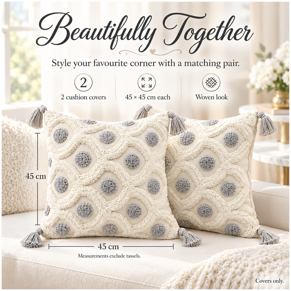 Set of 2 Cream and Grey Woven-Look Tassel Scatter Cushion Covers-45 x 45 cm