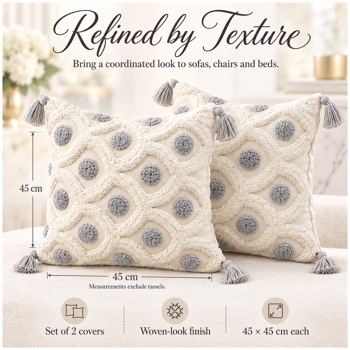 Set of 2 Cream and Grey Woven-Look Tassel Scatter Cushion Covers-45 x 45 cm