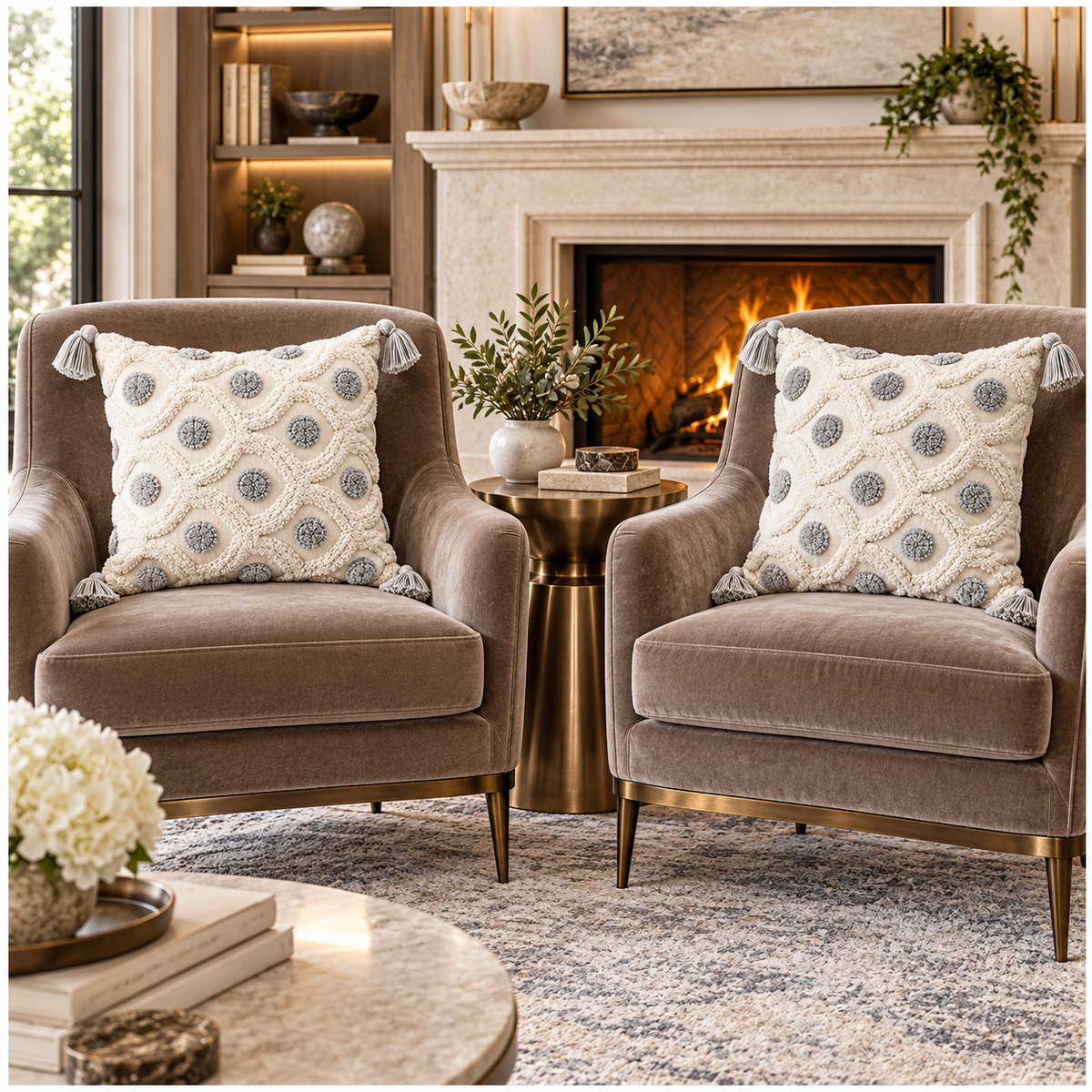 Set of 2 Cream and Grey Woven-Look Tassel Scatter Cushion Covers-45 x 45 cm