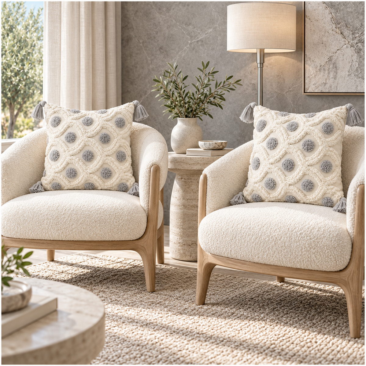 Set of 2 Cream and Grey Woven-Look Tassel Scatter Cushion Covers-45 x 45 cm