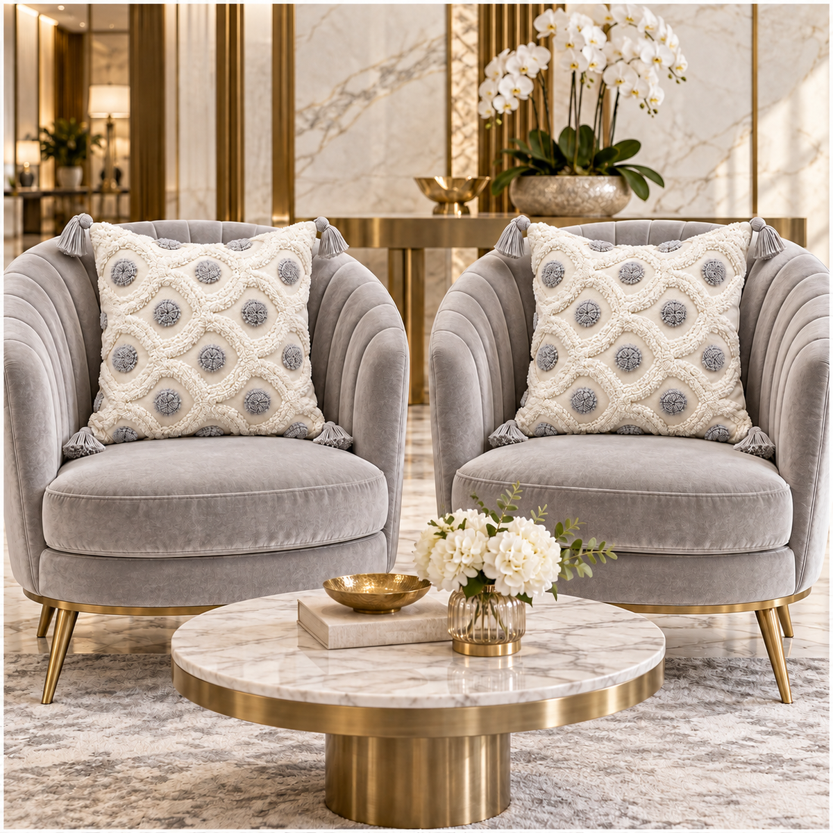Set of 2 Cream and Grey Woven-Look Tassel Scatter Cushion Covers-45 x 45 cm