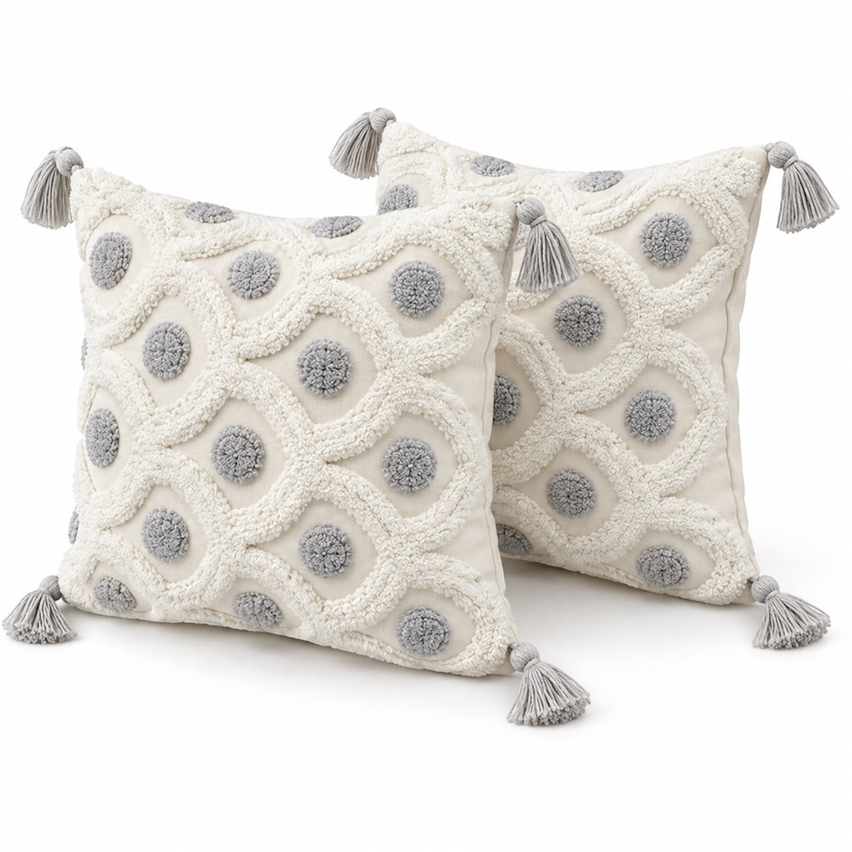 Set of 2 Cream and Grey Woven-Look Tassel Scatter Cushion Covers-45 x 45 cm