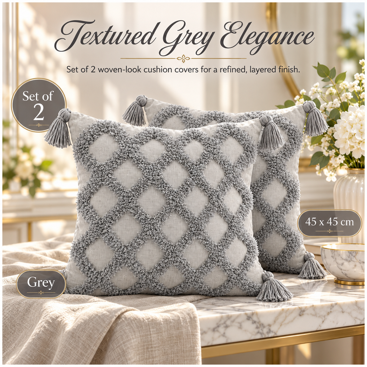 Beautiful Grey Geometric Tassel Cushion Covers – Set of 2 | 45 x 45 cm