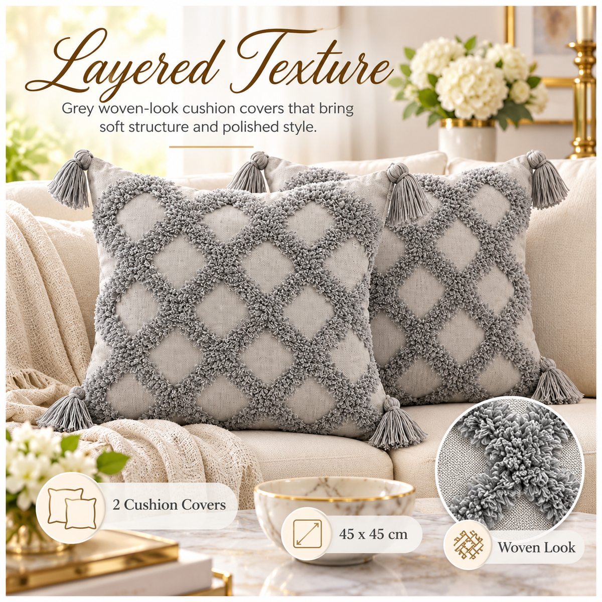 Beautiful Grey Geometric Tassel Cushion Covers – Set of 2 | 45 x 45 cm