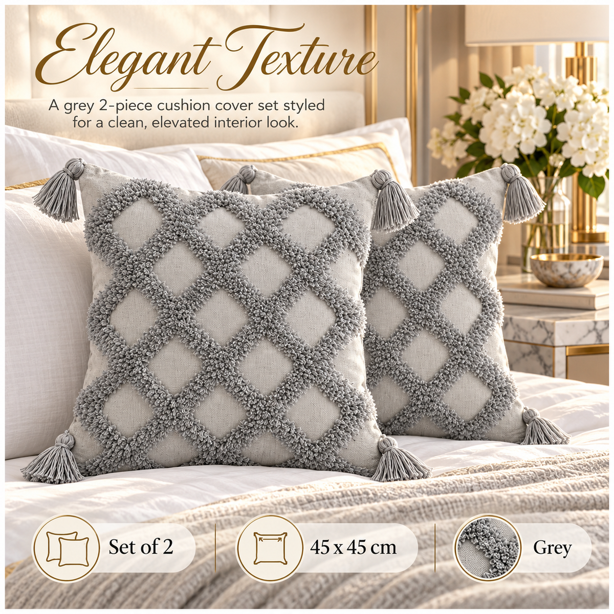 Beautiful Grey Geometric Tassel Cushion Covers – Set of 2 | 45 x 45 cm