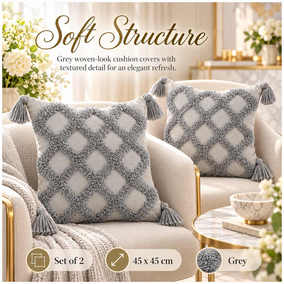 Beautiful Grey Geometric Tassel Cushion Covers – Set of 2 | 45 x 45 cm