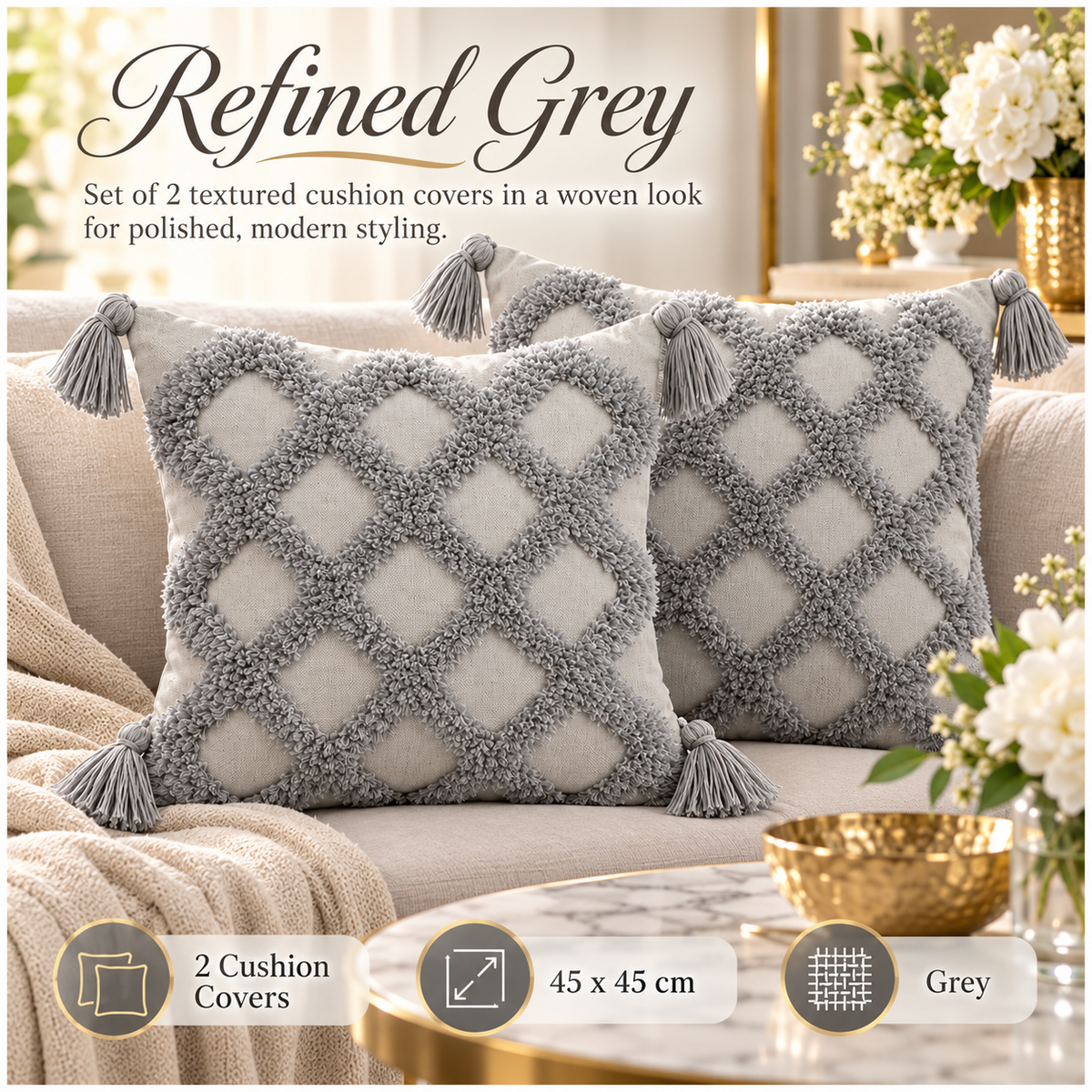 Beautiful Grey Geometric Tassel Cushion Covers – Set of 2 | 45 x 45 cm