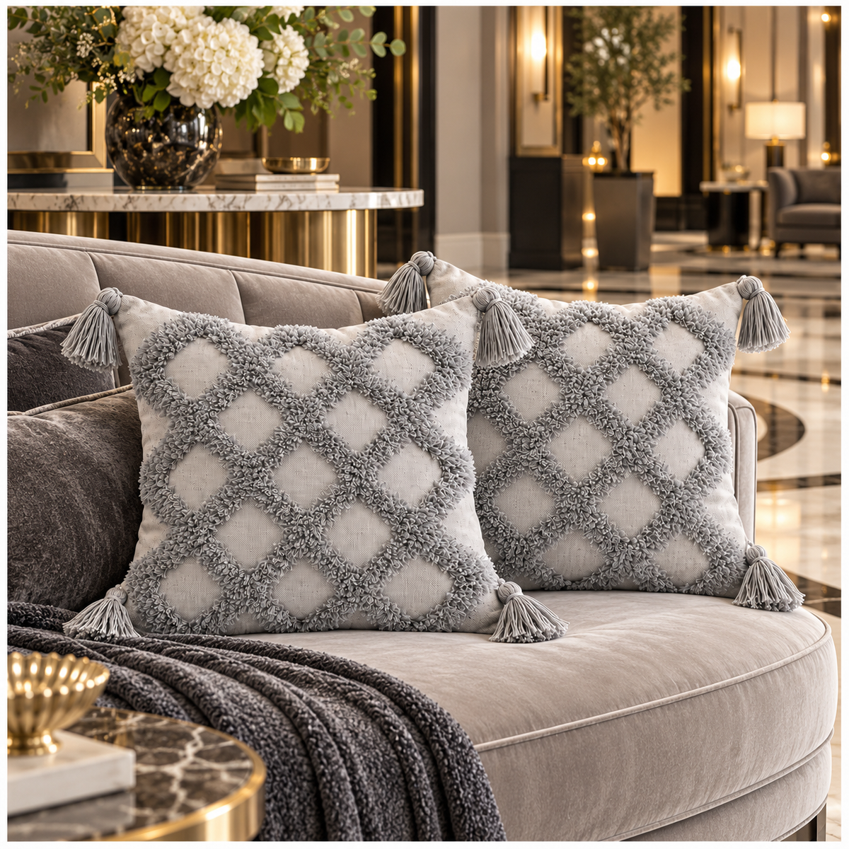 Beautiful Grey Geometric Tassel Cushion Covers – Set of 2 | 45 x 45 cm